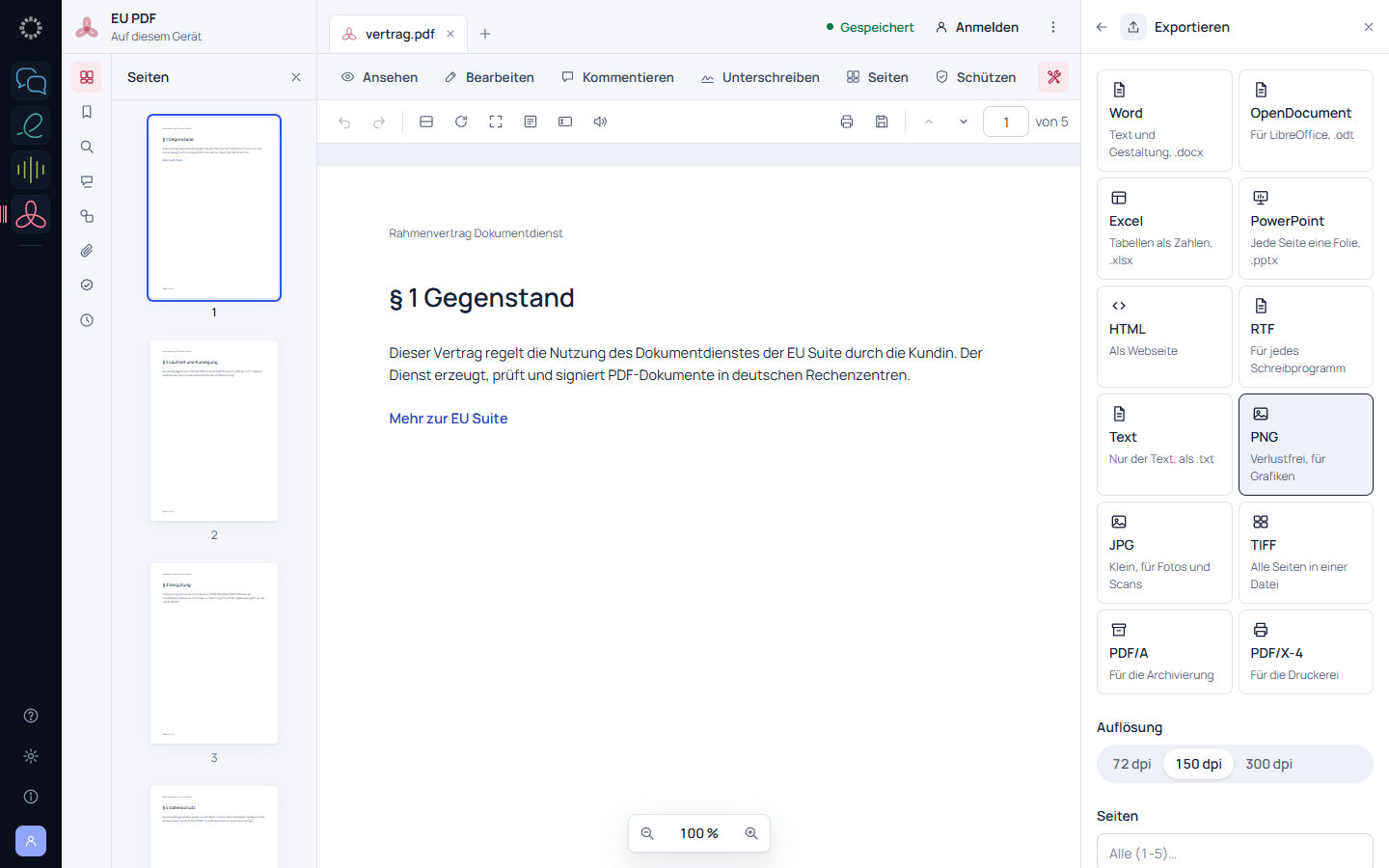 Der Export in EU PDF, mit Word als Format und dem Aufbau „Wie im PDF“.