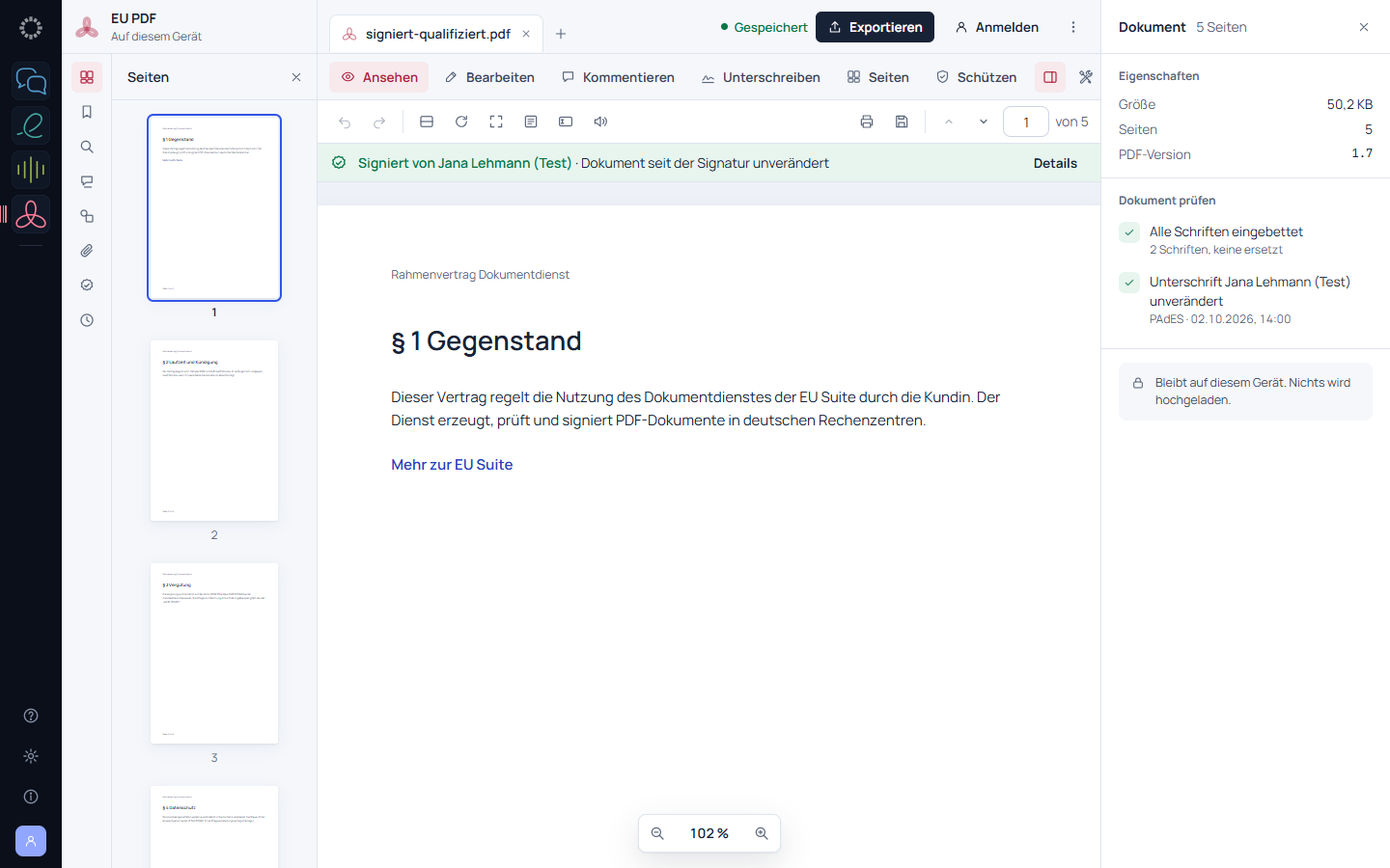 Ein qualifiziert signierter Vertrag in EU PDF: oben der Hinweis, dass das Dokument seit der Signatur unverändert ist, rechts die Prüfung von Schriften und Unterschrift.